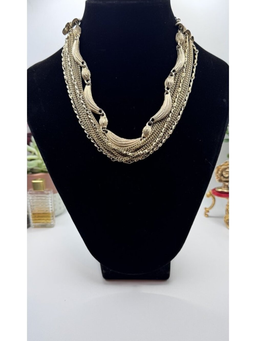 Gorgeous Vintage Gold Tone Strand Chains Necklace 16” Collar-Unsigned Necklace
